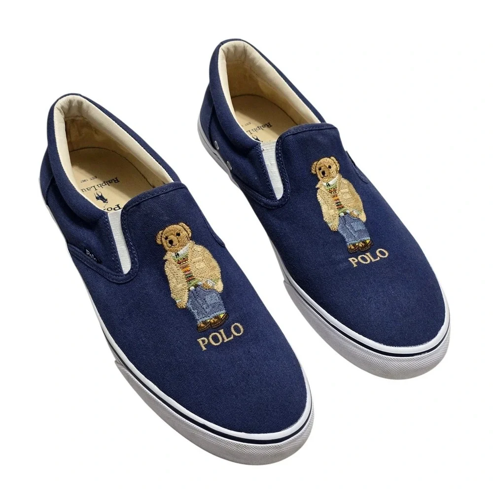 Polo Ralph Lauren Thompson Navy Herringbone Canvas Polo Bear Slip On Shoes 14D
